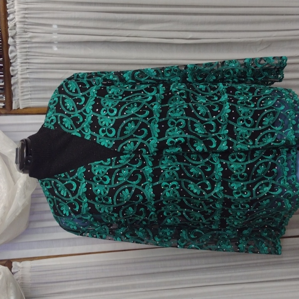 Channa 1X emerald lace jacket on sheer black background with rhinestones.